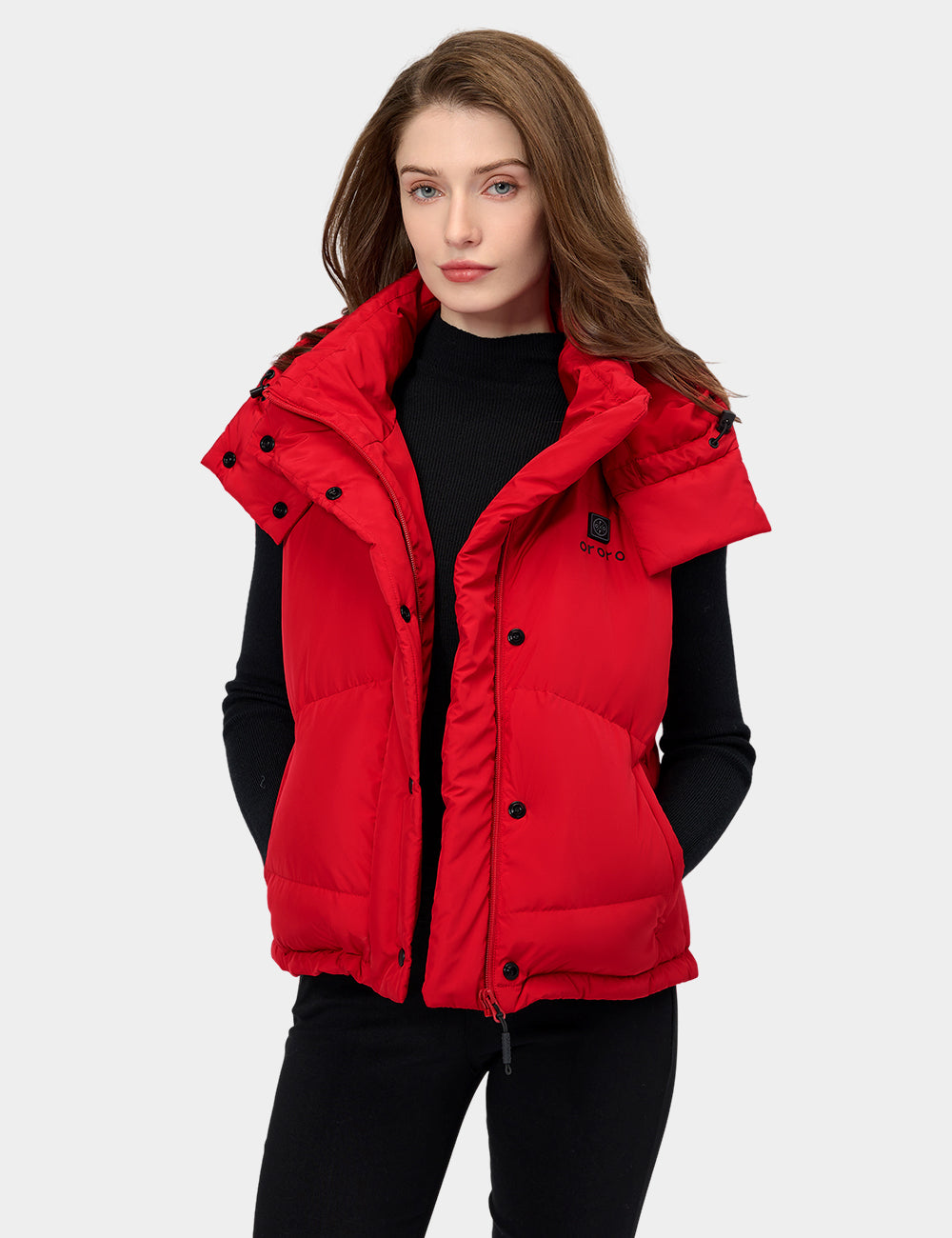 (Open-Box) Women's Heated Cropped Puffer Down Vest - Black / Red, Thumbnail 15
