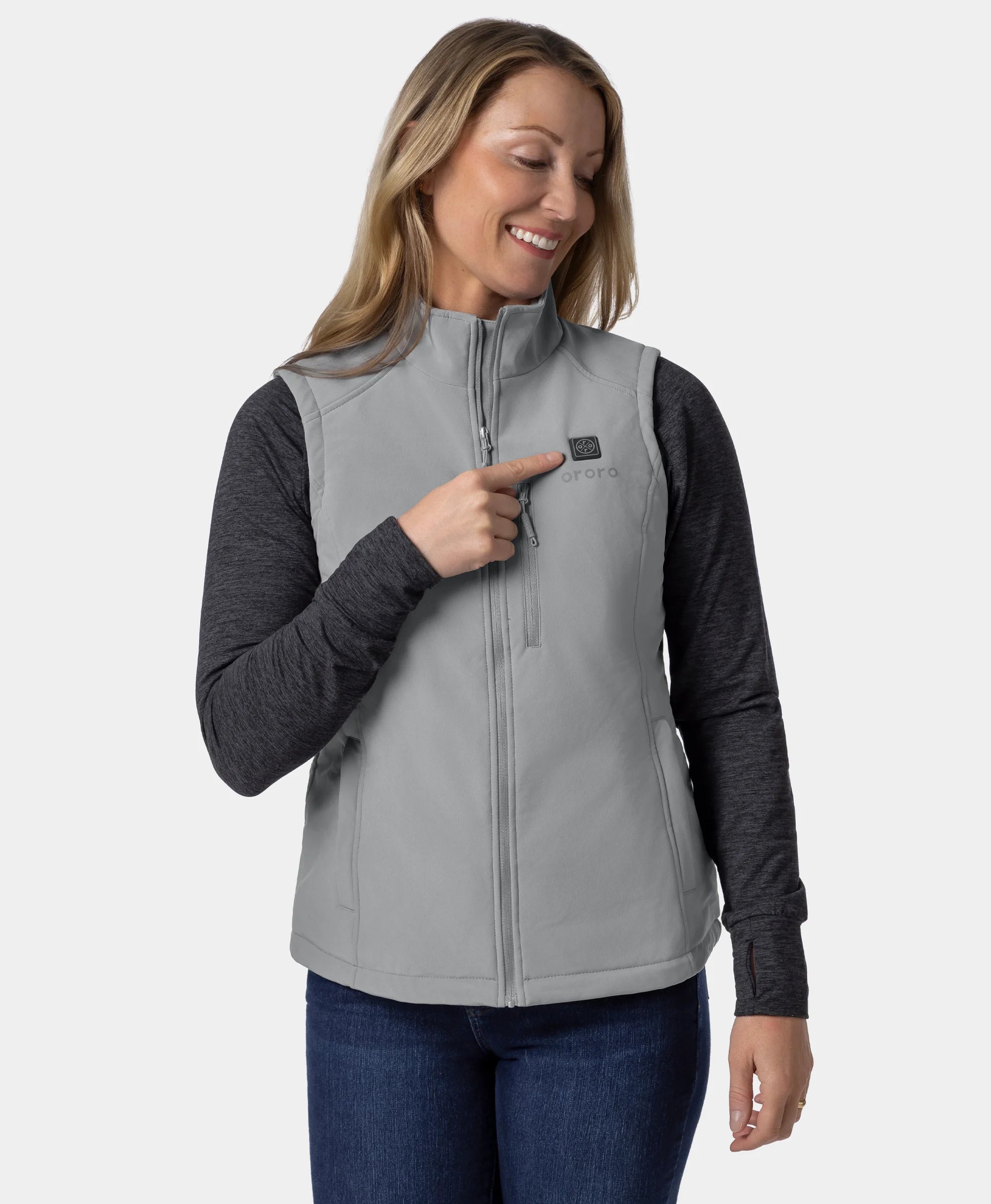Women's Heated Quilted Vest - Grey / Red, Thumbnail 4