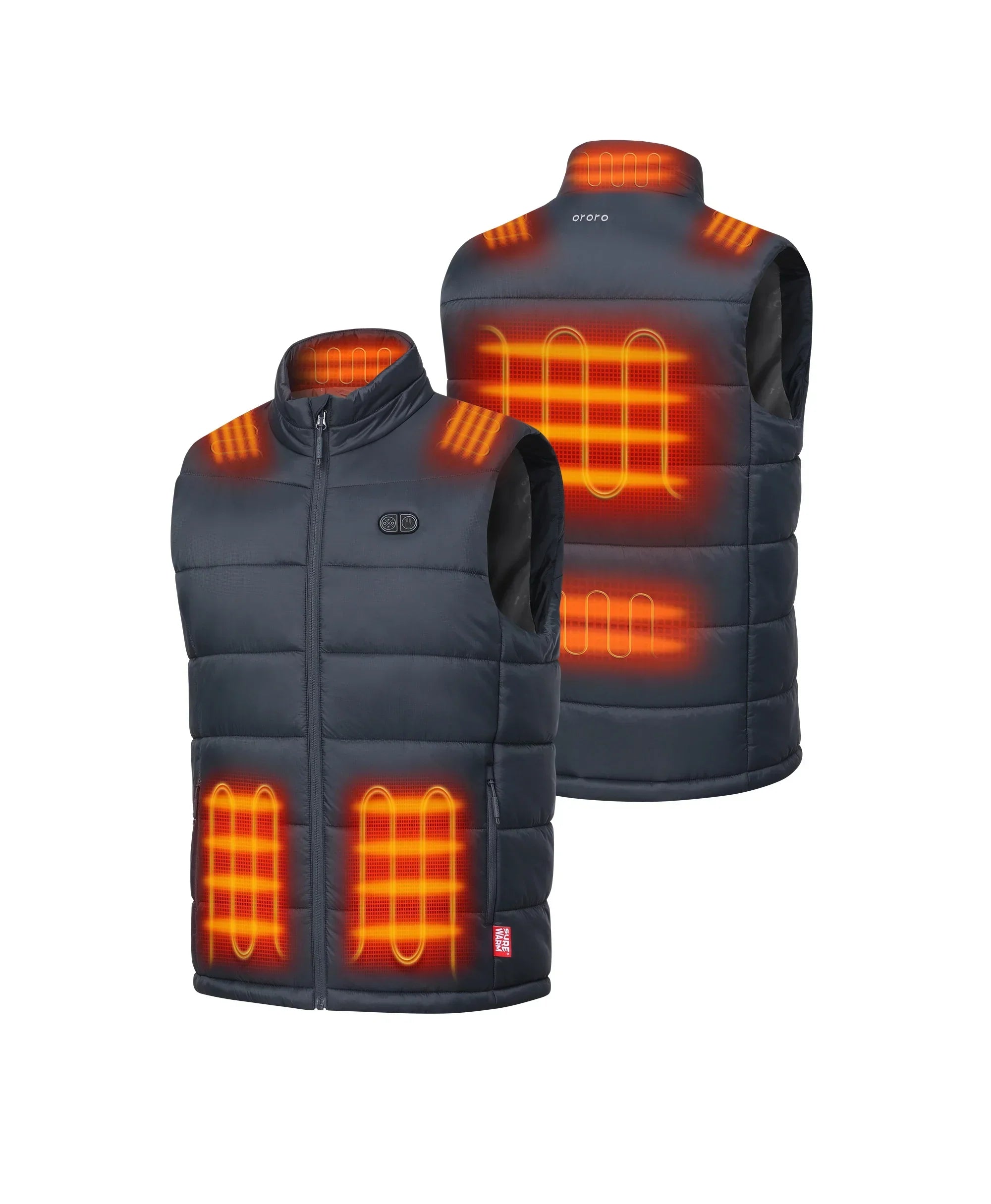 7 Heating zones: Left & Right Pockets, Left & Right Shoulder, Mid-back, Lower back, Collar