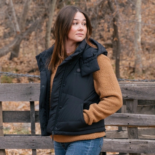 Women's Heated Cropped Puffer Down Vest - Black