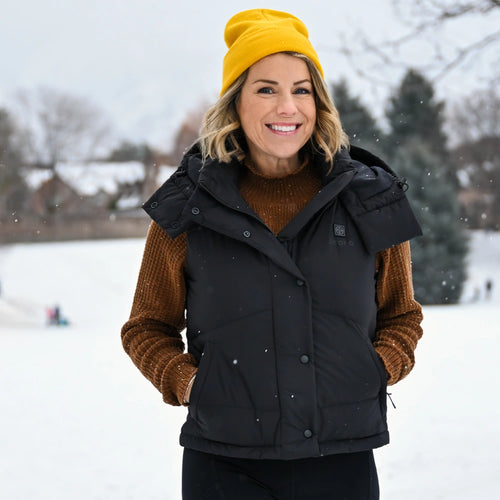 Women's Heated Cropped Puffer Down Vest - Black